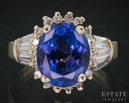 14k Yellow Gold Natural Tanzanite & Diamond Halo Ladies Ring 5.6g i18814