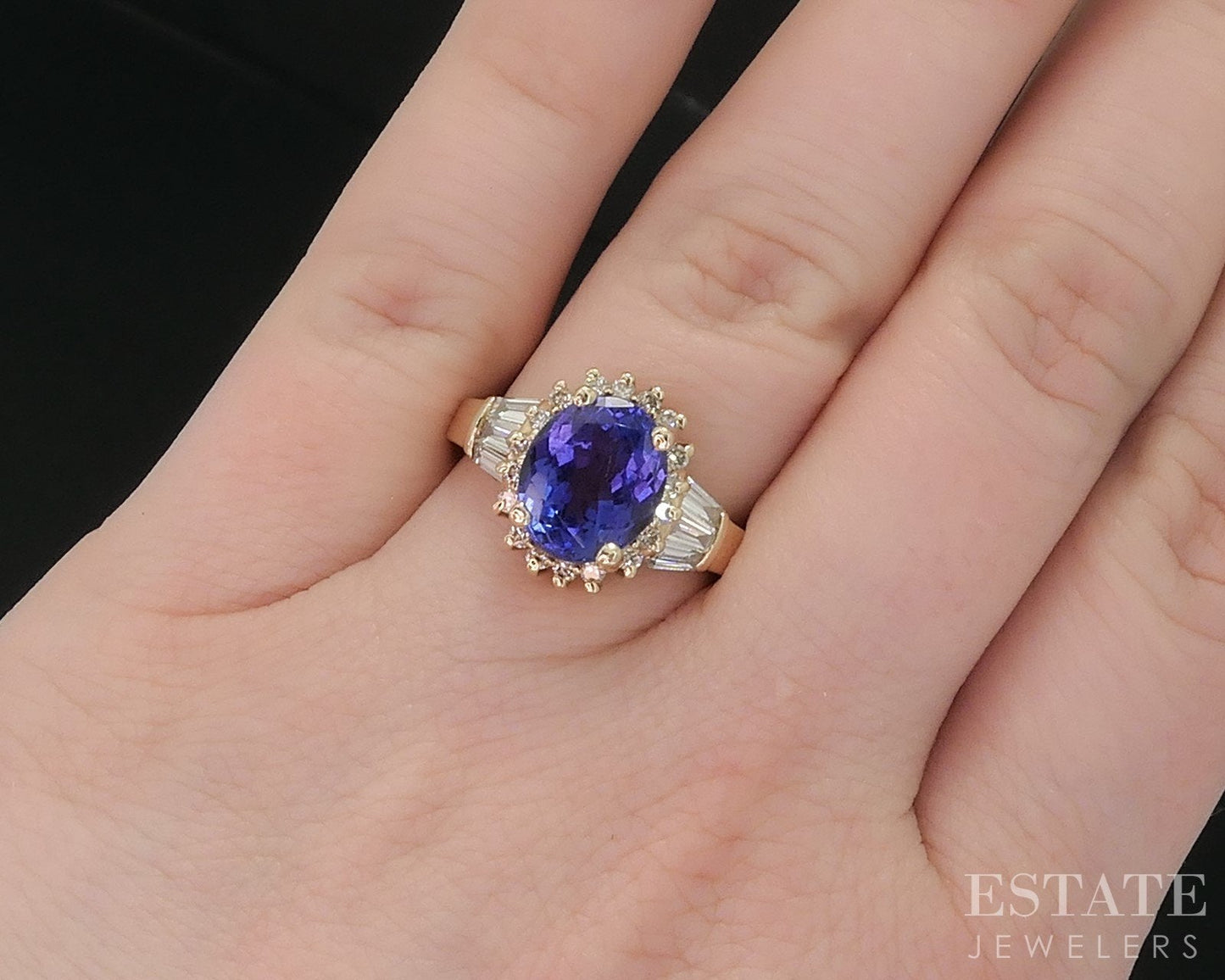 14k Yellow Gold Natural Tanzanite & Diamond Halo Ladies Ring 5.6g i18814