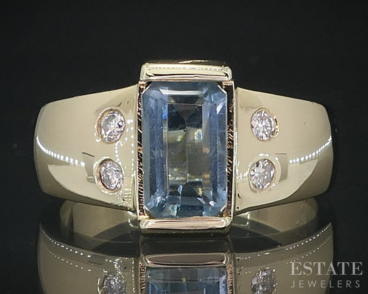 14k Yellow Gold Natural Aquamarine & Diamond Ladies Band Ring 6.9g i18812