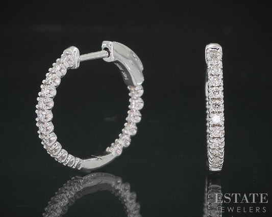 14k White Gold Round Natural .36ctw Diamond Inside Out Hoop Earrings 2.8g i18805