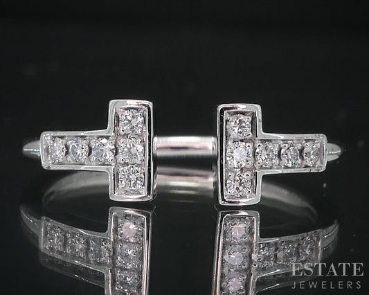 18k White Gold Tiffany & Co. Natural .13ctw Diamond T Wire Band Ring 2.8g i18825