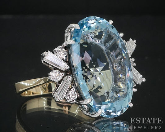 18k Gold Oval Natural 18ct Aquamarine & Diamond Cocktail Ring 10.3g i18848