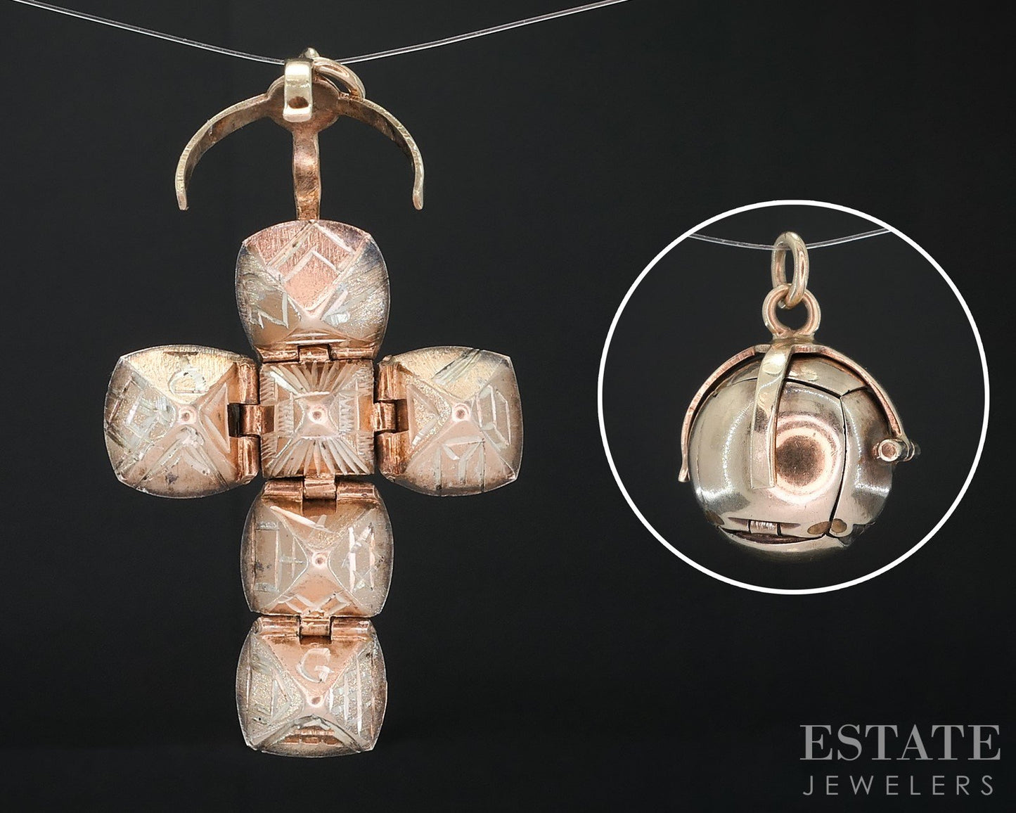 Antique 9k Yellow Gold Masonic Foldable Ball Cross Charm Pendant 6.5g i18843