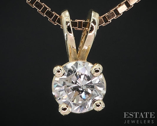 14k Yellow Gold Round Natural .40ct Diamond Solitaire Necklace 3.8g 20"L i18832