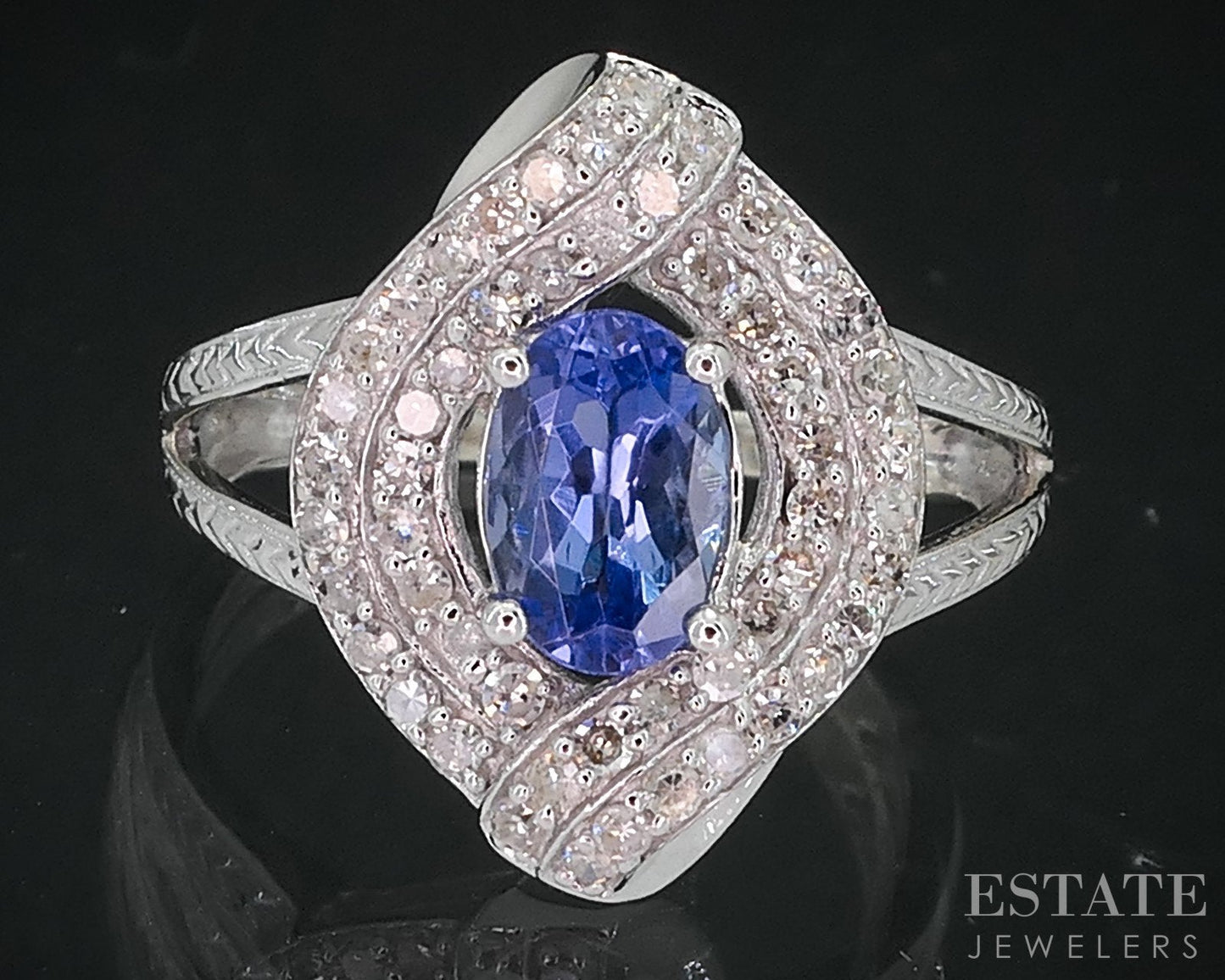 14k White Gold Oval Natural Tanzanite & Diamond Halo Ladies Ring 3.2g i18828