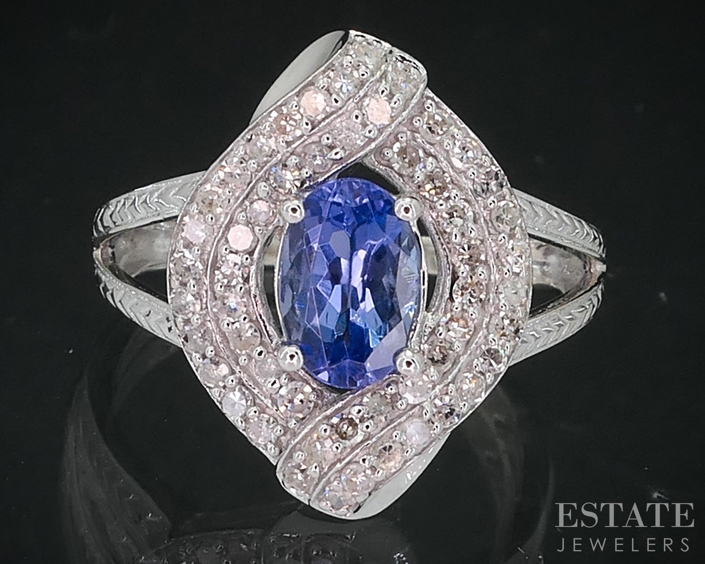 14k White Gold Oval Natural Tanzanite & Diamond Halo Ladies Ring 3.2g p78897