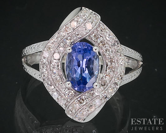 14k White Gold Oval Natural Tanzanite & Diamond Halo Ladies Ring 3.2g p78897