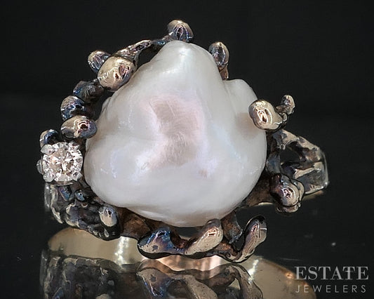 14k Yellow Gold Freeform Cultured Pearl & Diamond Ladies Ring 5.1g i18842