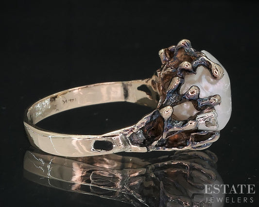 14k Yellow Gold Freeform Cultured Pearl & Diamond Ladies Ring 5.1g i18842