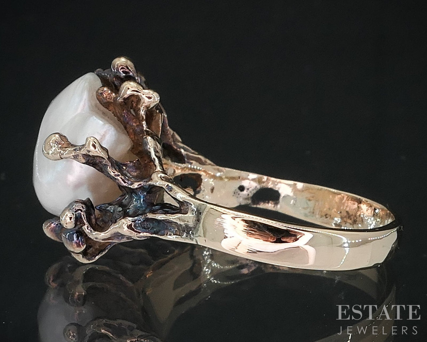 14k Yellow Gold Freeform Cultured Pearl & Diamond Ladies Ring 5.1g i18842