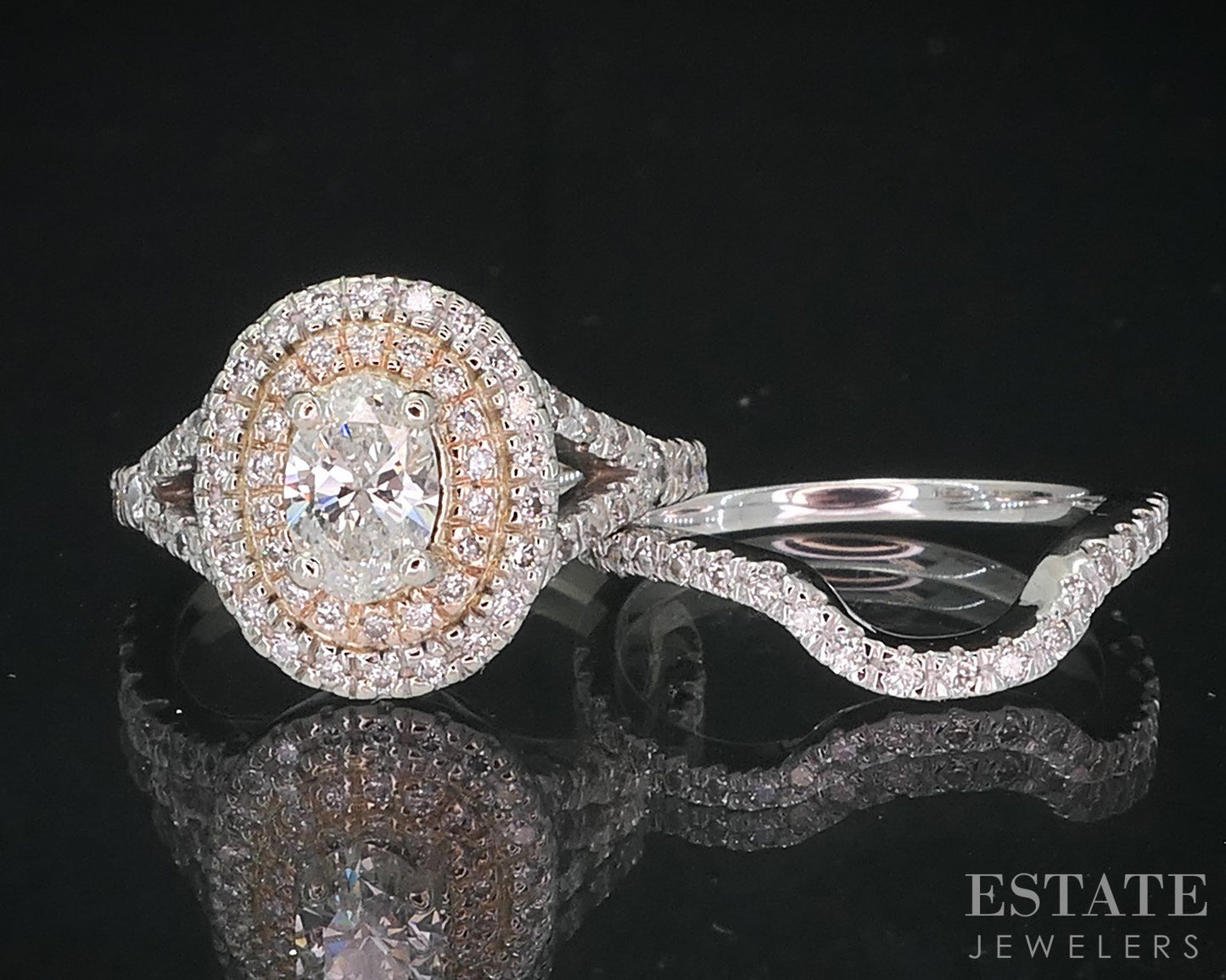 14k White Gold Oval GIA Natural 1.00ctw Diamond Halo Wedding Set 6.4g i18827