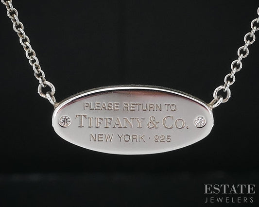 Sterling Tiffany & Co. Oval ID Diamond Pendant Cable Chain Necklace 18"L i18826