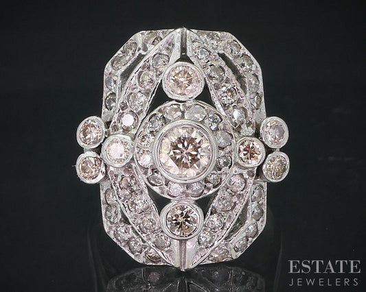 Art Deco 14k White Gold Round Natural 1ctw Diamond Cocktail Ring 9.3g i18851