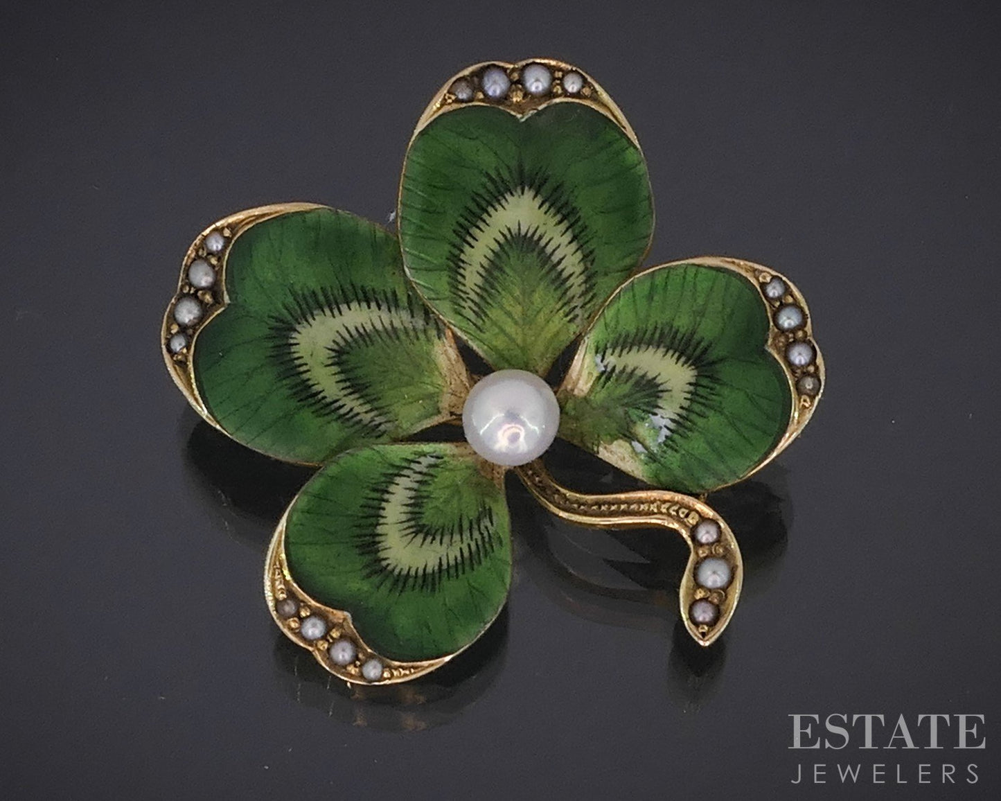 Antique Art Nouveau 18k Yellow Gold 4 Leaf Clover Pearl Pin Brooch 5.1g i18850