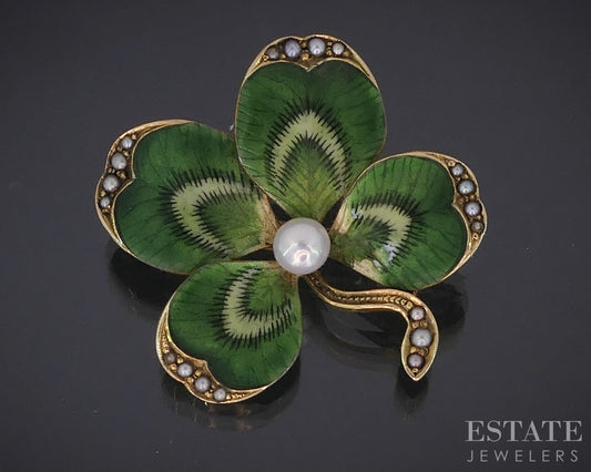 Antique Art Nouveau 18k Yellow Gold 4 Leaf Clover Pearl Pin Brooch 5.1g i18850
