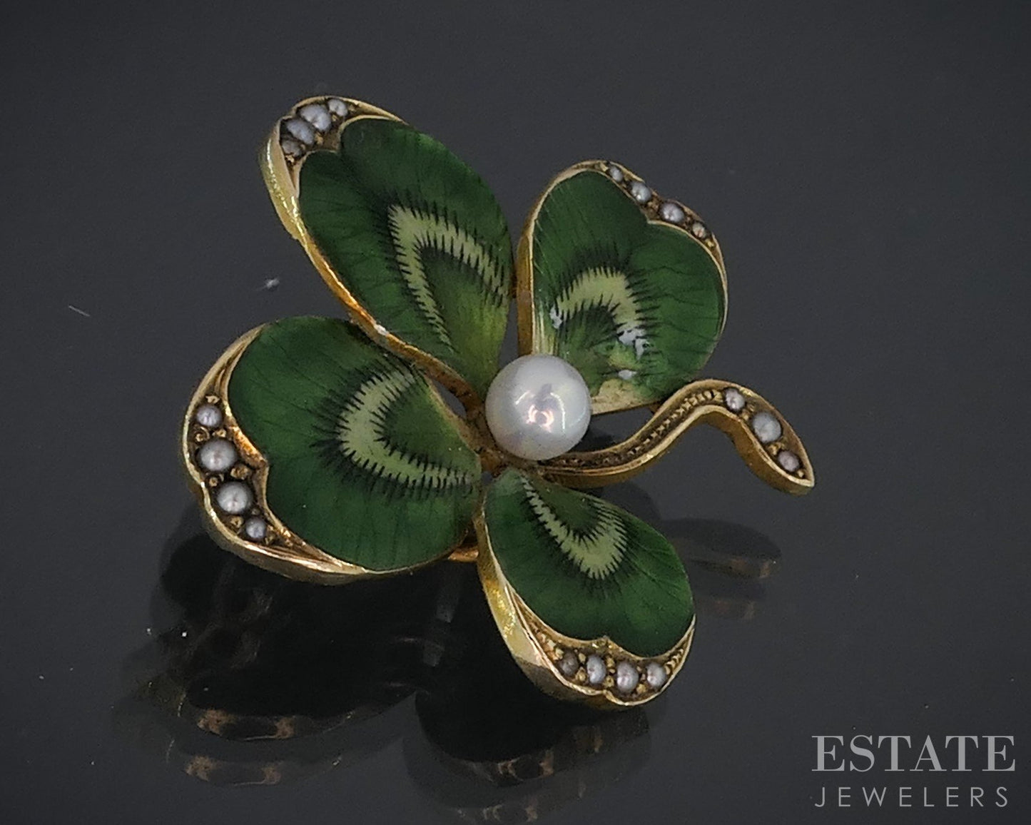 Antique Art Nouveau 18k Yellow Gold 4 Leaf Clover Pearl Pin Brooch 5.1g i18850