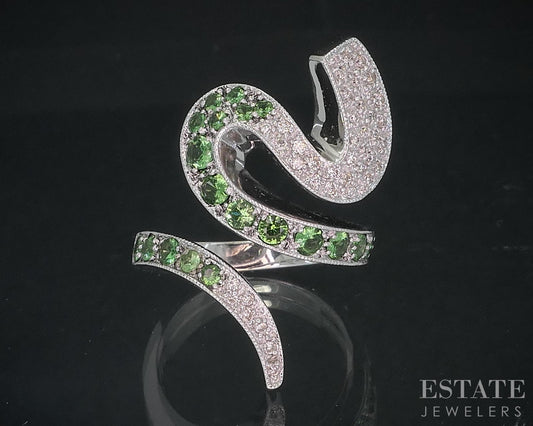14k White Gold Natural Tsavorite Garnet & Diamond Ladies Snake Ring 10.3g i18849