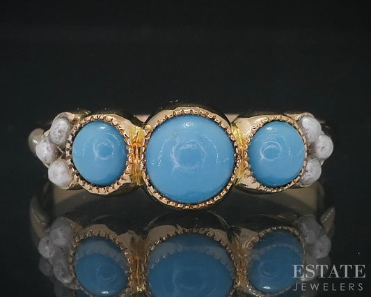 Antique Victorian 9k Yellow Gold Natural Turquoise & Seed Pearl Ring 1.9g i18854