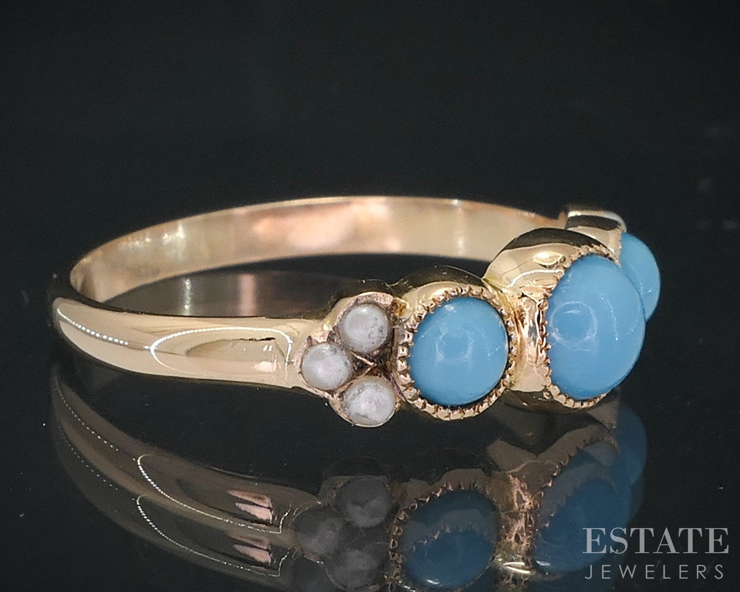 Antique Victorian 9k Yellow Gold Natural Turquoise & Seed Pearl Ring 1.9g i18854