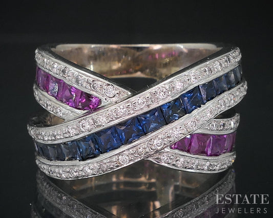 18k White Gold Natural Sapphire Ruby & Diamond Crossover Band Ring 12.6g i18852