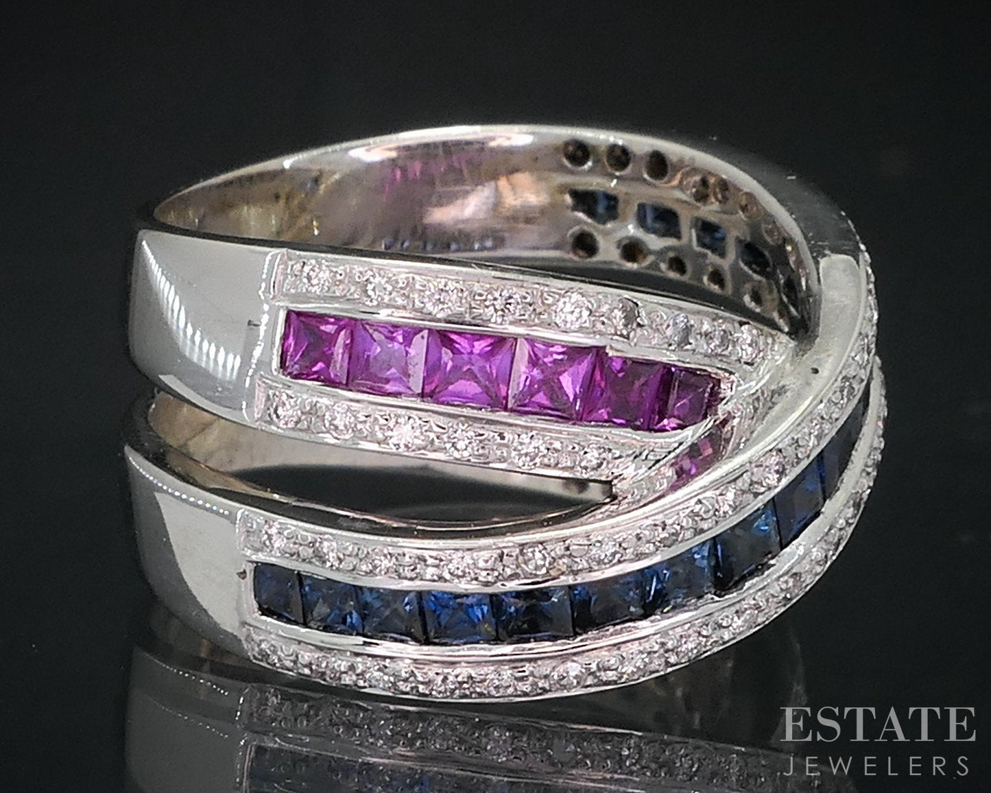 18k White Gold Natural Sapphire Ruby & Diamond Crossover Band Ring 12.6g i18852