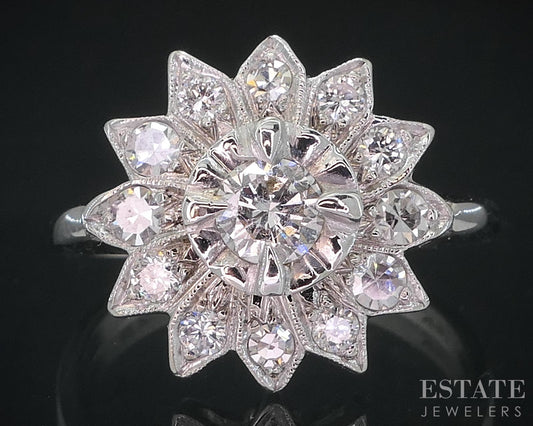 Vintage 14k White Gold Natural .57ctw Diamond Flower Cocktail Ring 3g i18862