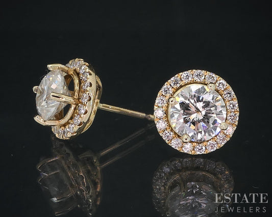 14k Yellow Gold Round Natural 1.82ctw Diamond Halo Stud Earrings 2.1g i18860