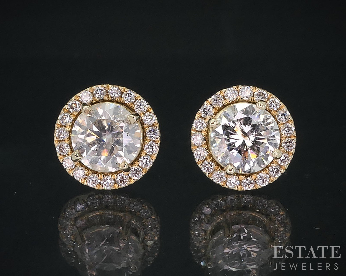 14k Yellow Gold Round Natural 1.82ctw Diamond Halo Stud Earrings 2.1g i18860