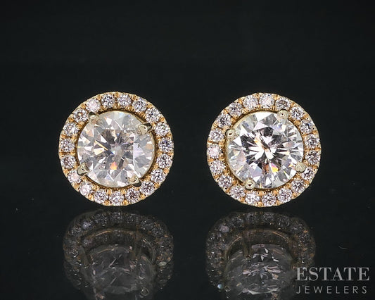 14k Yellow Gold Round Natural 1.82ctw Diamond Halo Stud Earrings 2.1g i18860