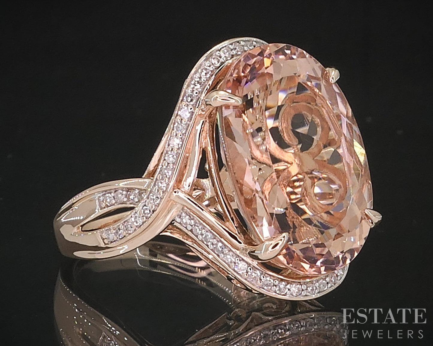 14k Rose Gold Oval 10ct Natural Peach Morganite & Diamond Ring 7.9g i18883