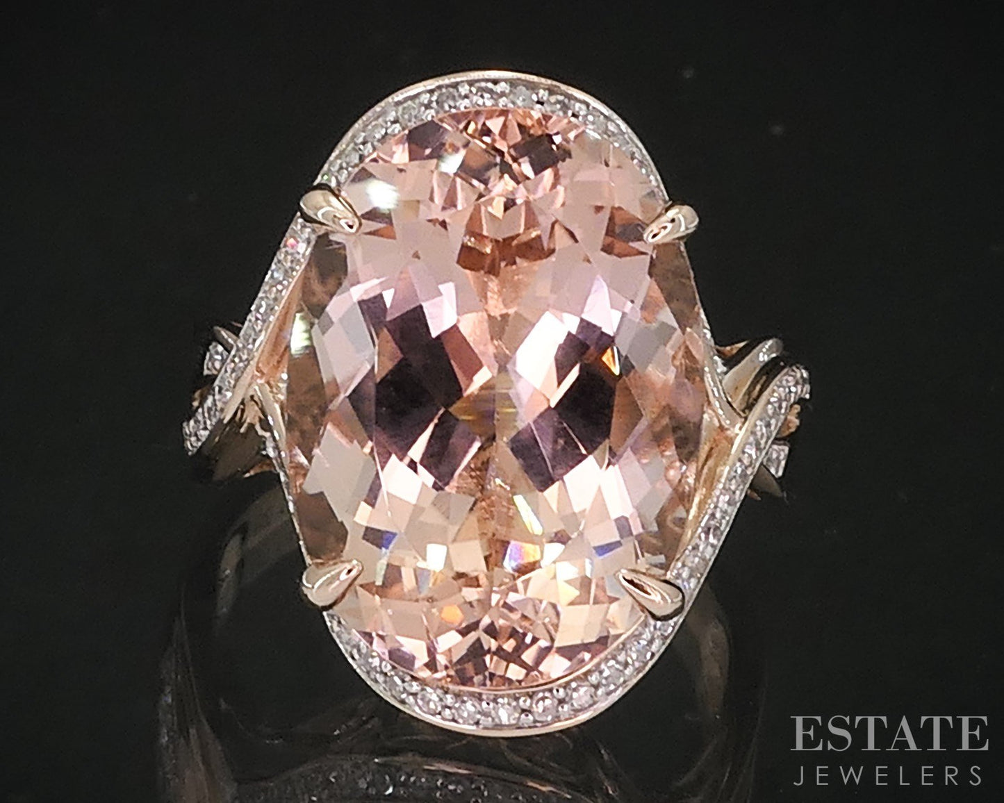 14k Rose Gold Oval 10ct Natural Peach Morganite & Diamond Ring 7.9g i18883