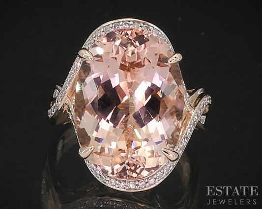 14k Rose Gold Oval 10ct Natural Peach Morganite & Diamond Ring 7.9g i18883