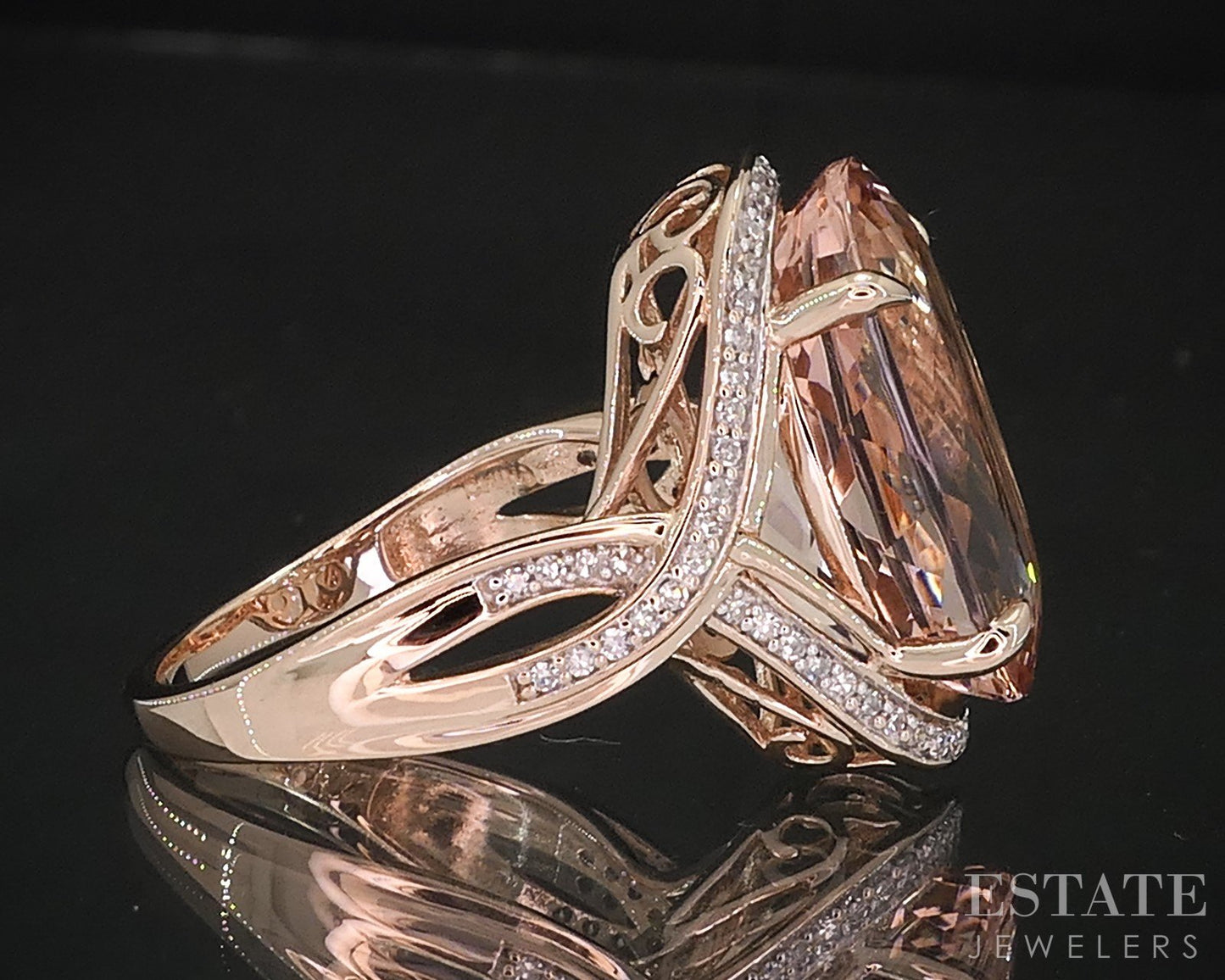 14k Rose Gold Oval 10ct Natural Peach Morganite & Diamond Ring 7.9g i18883