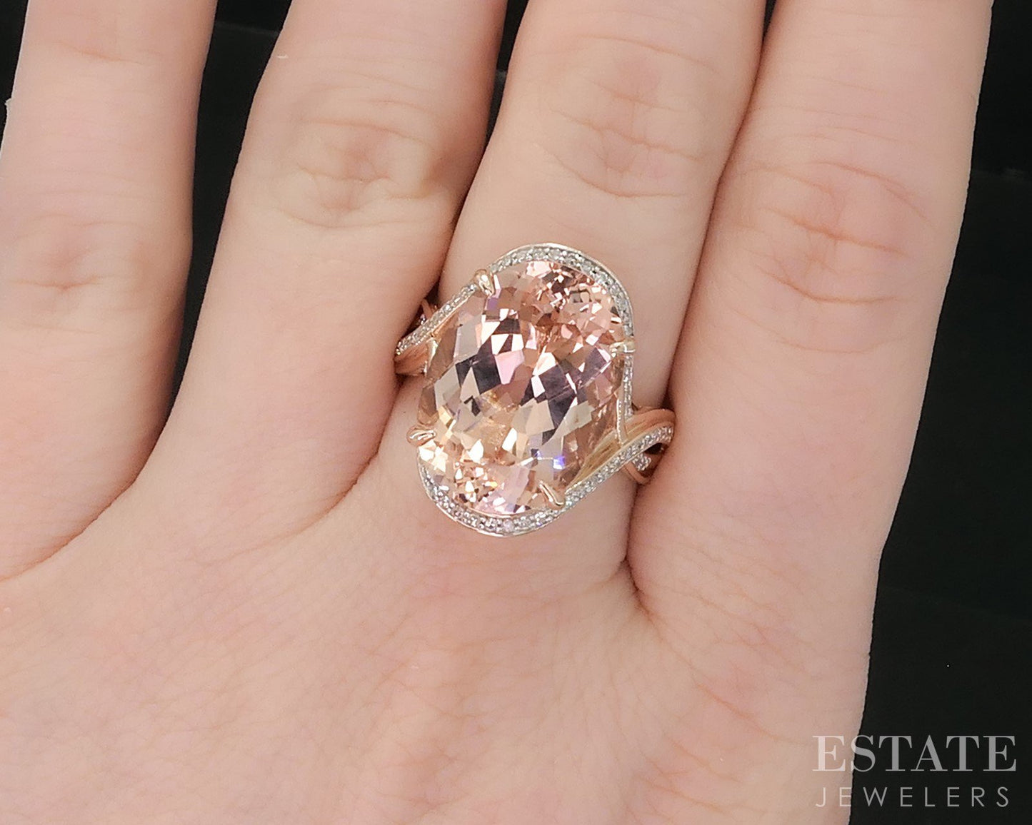 14k Rose Gold Oval 10ct Natural Peach Morganite & Diamond Ring 7.9g i18883