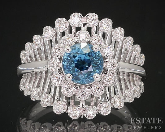 14k White Gold Round Natural Blue Zircon & Diamond Cocktail Ring 4.8g i18878