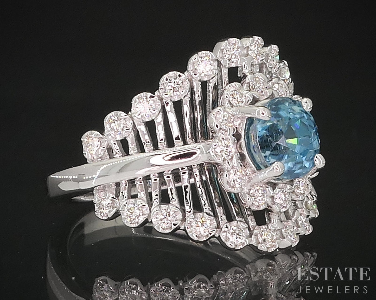 14k White Gold Round Natural Blue Zircon & Diamond Cocktail Ring 4.8g i18878
