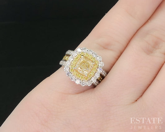 14k White Gold Natural 2.65ctw Fancy Yellow Diamond Engagement Ring 5.3g i18877