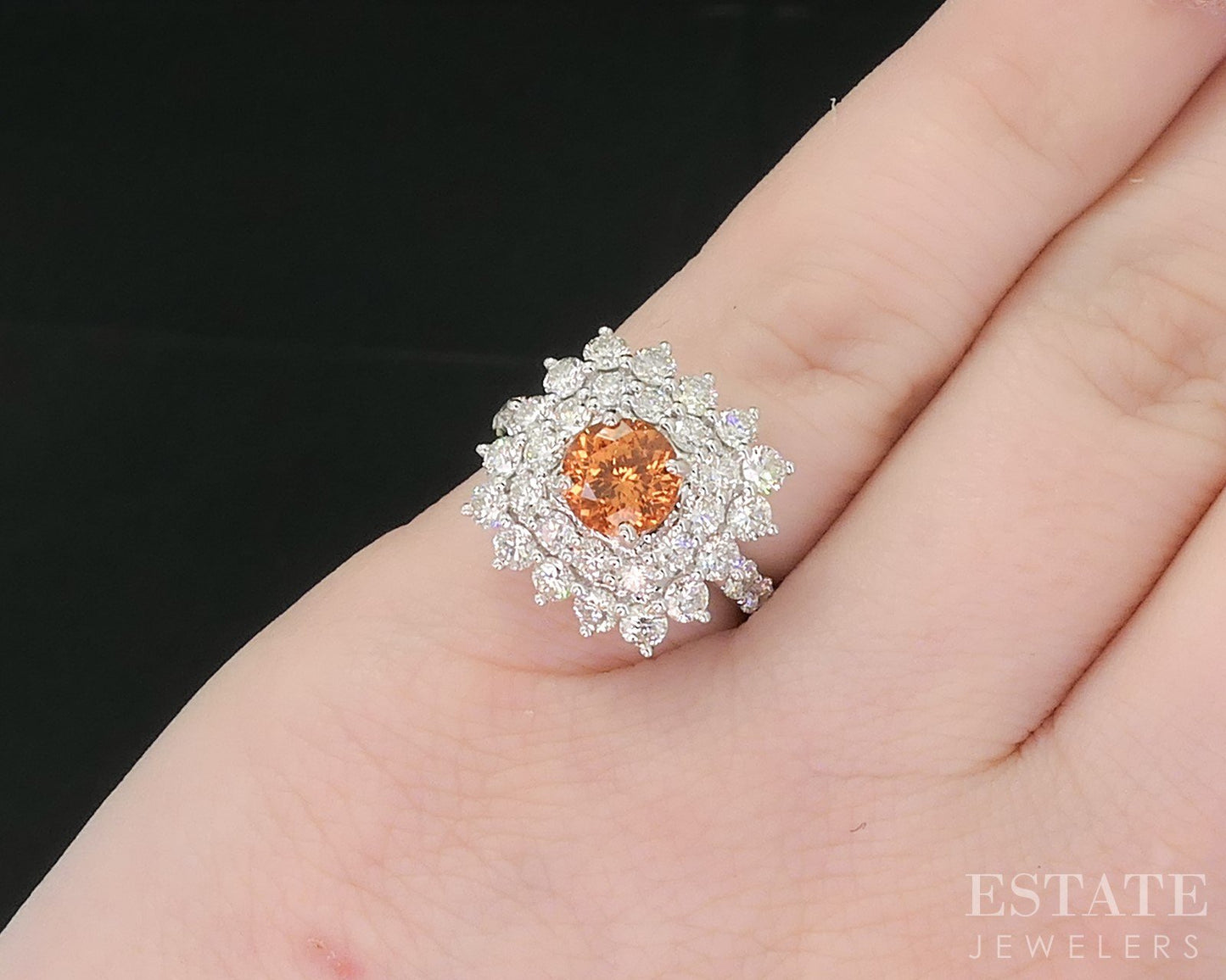 14k White Gold Natural Spessartine Garnet & Diamond Cocktail Ring 4.7g i18875