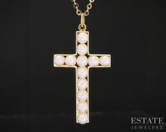 18k Yellow Gold 3mm Mikimoto Akoya Pearl Cross Ladies Necklace 4.2g 16"L i18893