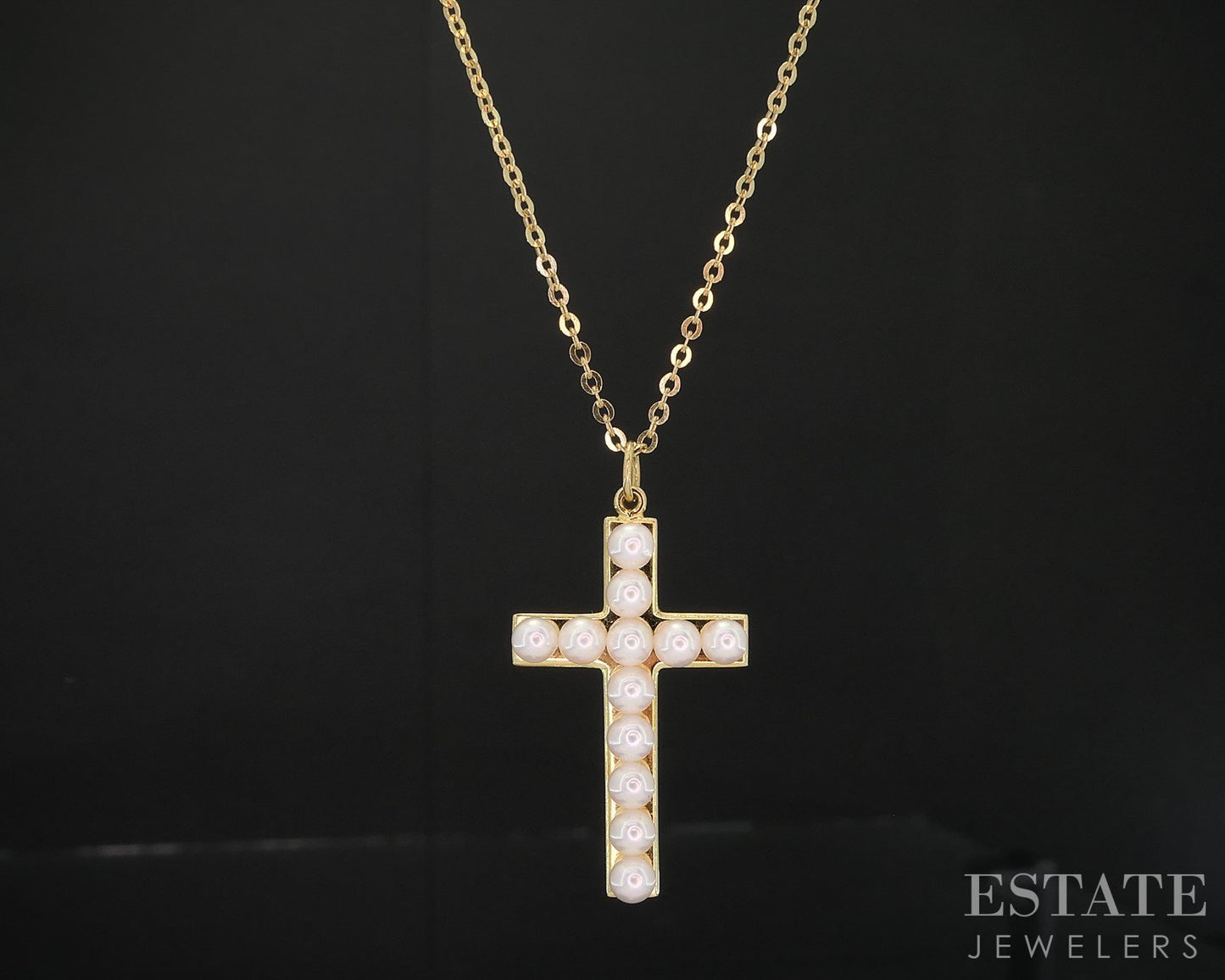 18k Yellow Gold 3mm Mikimoto Akoya Pearl Cross Ladies Necklace 4.2g 16"L i18893