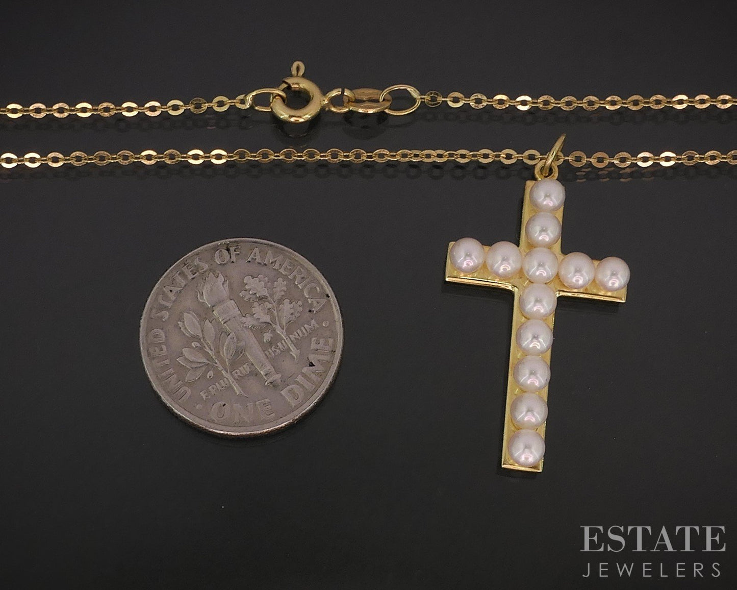 18k Yellow Gold 3mm Mikimoto Akoya Pearl Cross Ladies Necklace 4.2g 16"L i18893