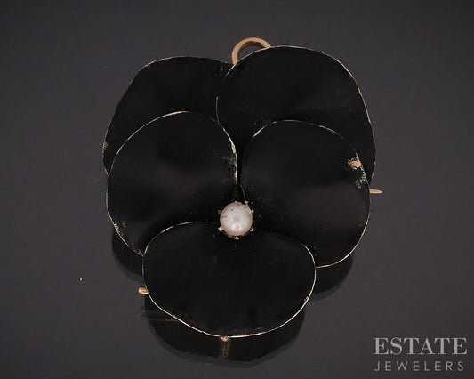 Antique 14k Yellow Gold Enameled Pansy Akoya Pearl Pin Pendant 8.9g i18929