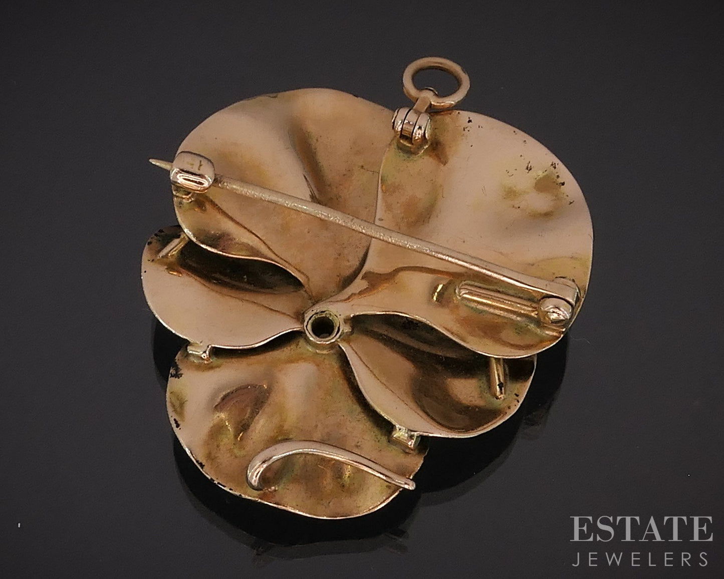 Antique 14k Yellow Gold Enameled Pansy Akoya Pearl Pin Pendant 8.9g i18929