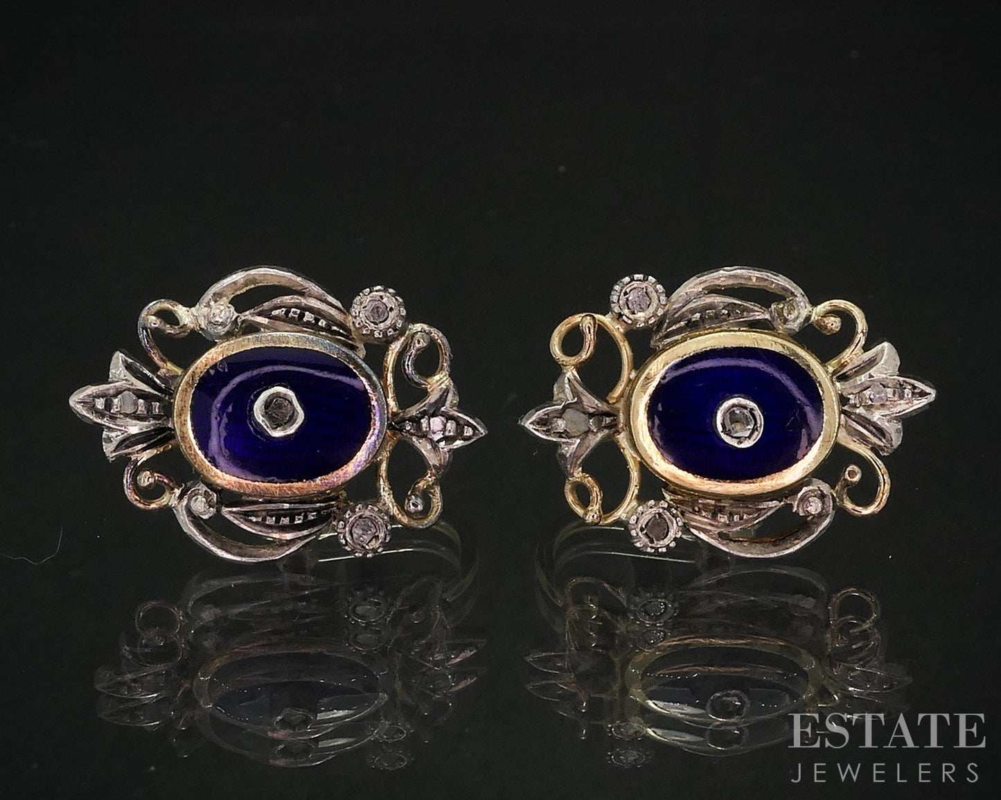 Antique 19k Gold & Sterling Rose Cut Diamond Enameled Earrings 7.2g i18944