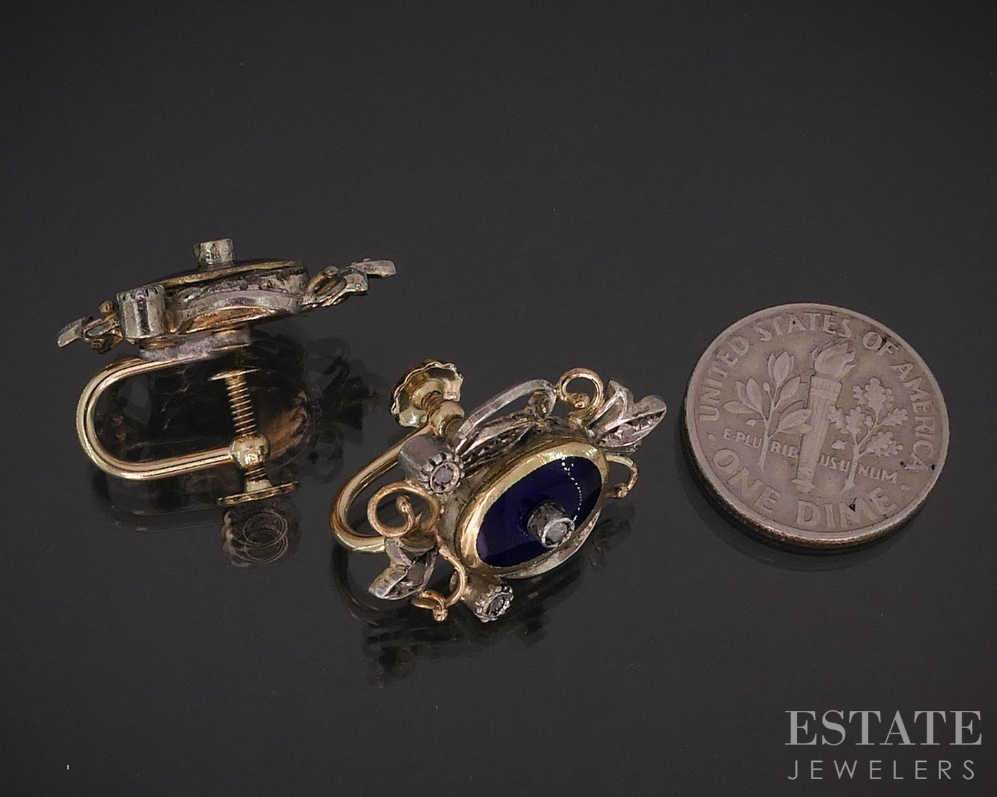 Antique 19k Gold & Sterling Rose Cut Diamond Enameled Earrings 7.2g i18944