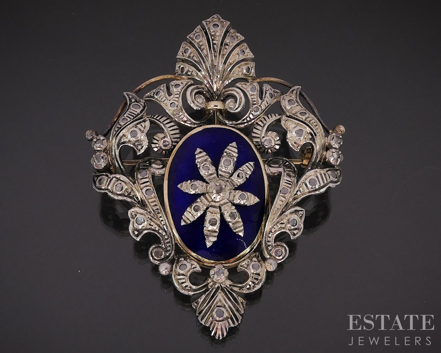 Antique 19k Gold & Sterling Rose Cut Diamond Enameled Pin Pendant 20.1g i18943