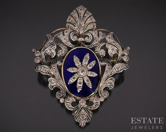 Antique 19k Gold & Sterling Rose Cut Diamond Enameled Pin Pendant 20.1g i18943