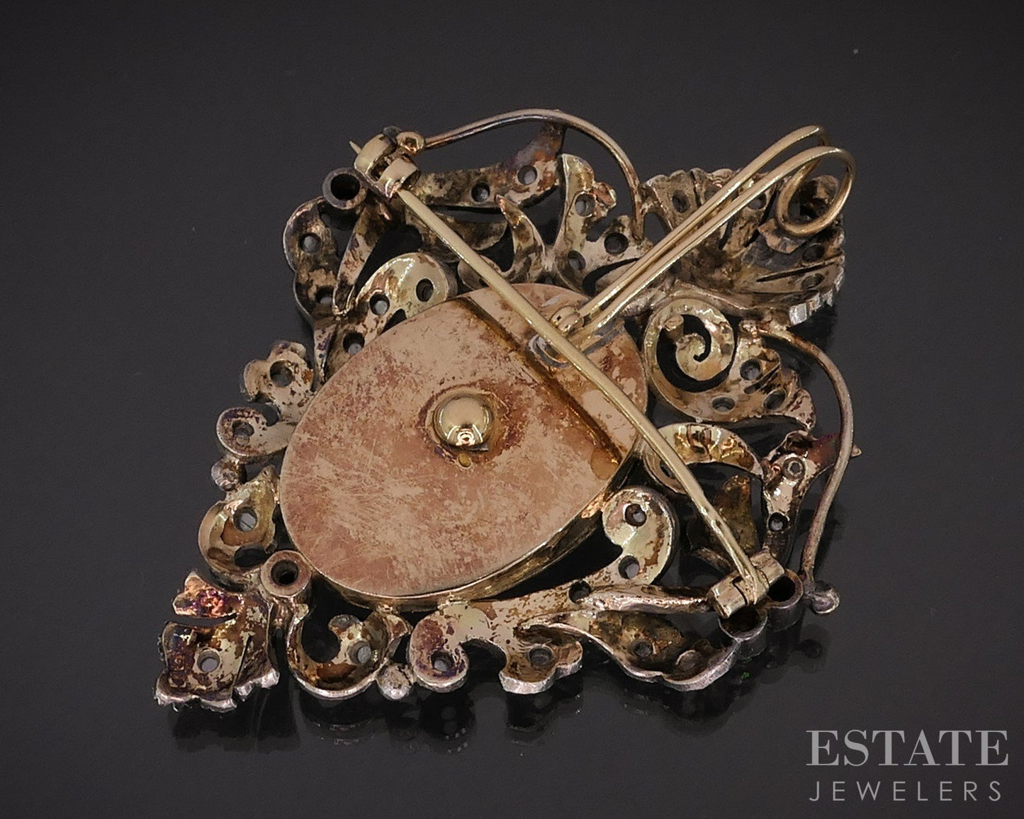 Antique 19k Gold & Sterling Rose Cut Diamond Enameled Pin Pendant 20.1g i18943