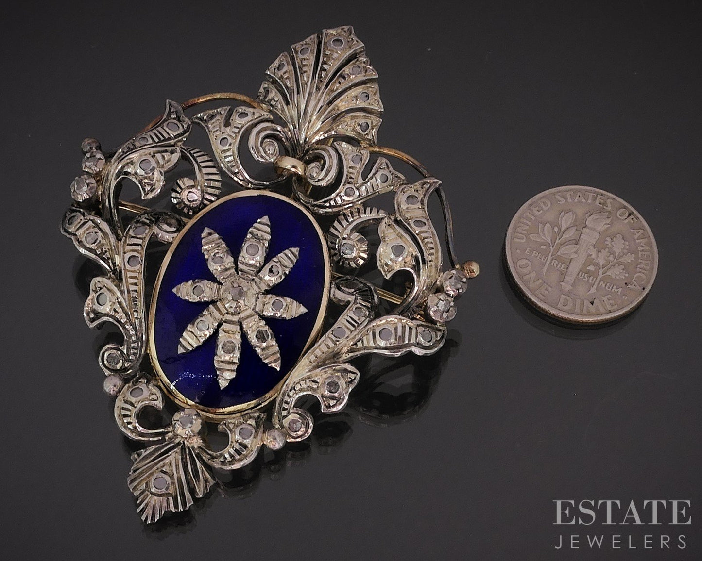 Antique 19k Gold & Sterling Rose Cut Diamond Enameled Pin Pendant 20.1g i18943