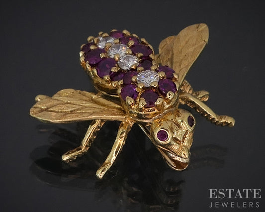 18k Yellow Gold Herbert Rosenthal Ruby & Diamond Bee Bug Pin Brooch 5.2g i18953